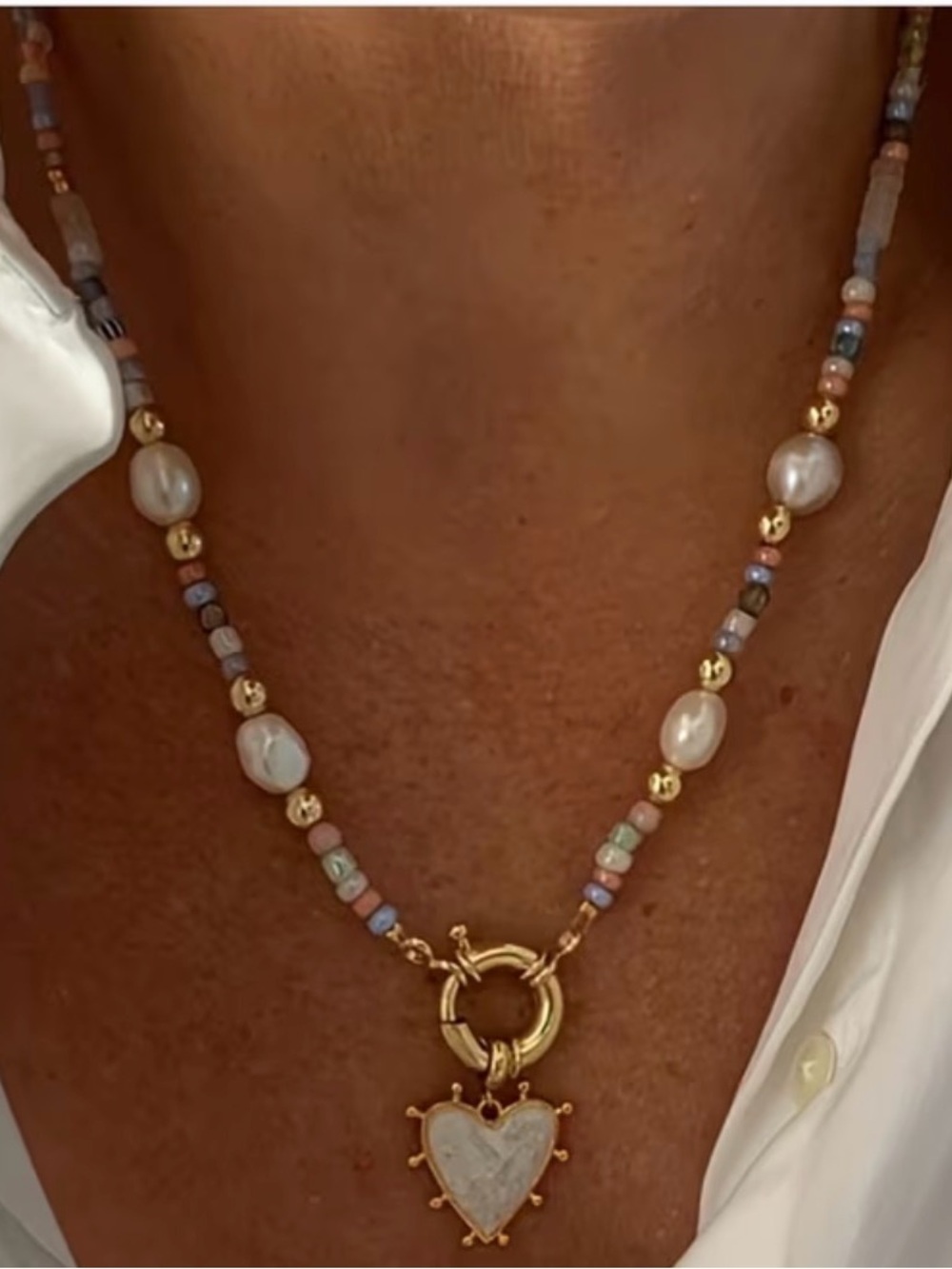 Gold Heart Pendant Necklace with Pastel Beads and Pearls